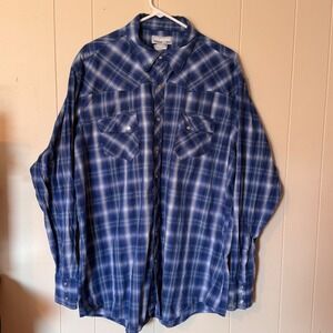 Wrangler Wrancher Mens Blue Plaid Western Pearl Snap Long Sleeve Shirt